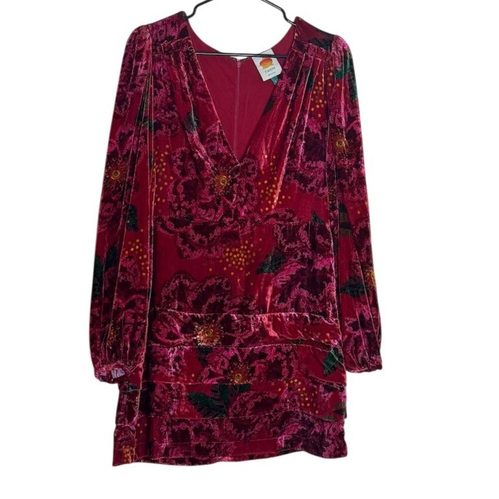 FARM Rio Mini Dress Womens Size L Red Pink Floral Velvet Long Sleeve - Picture 3 of 16